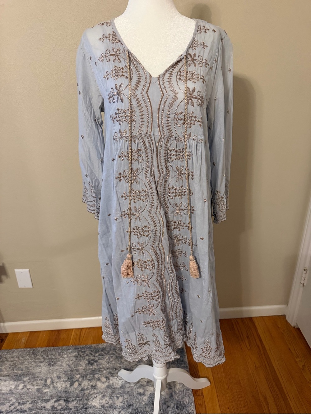 Light Blue Embroidered Long-Sleeve Boho Dress with Tassel Ties
